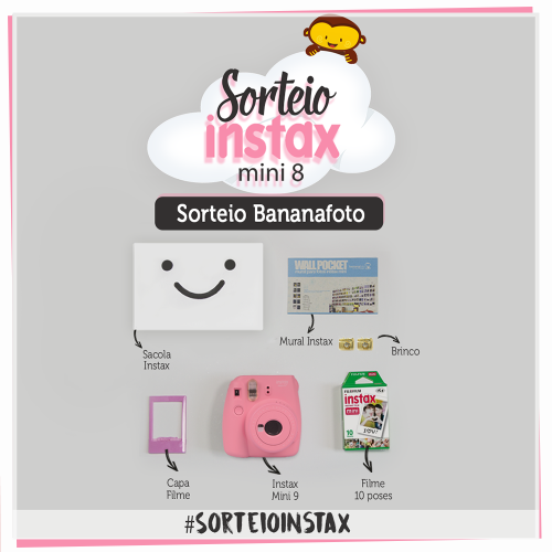 Kit Instax Mini 8+ Rosa - (Câmera + 1 Porta-Retrato + 1 Mural Bananafoto + 1 Filme 10 poses + 1 Mini sacola Smile + 1 Par de brincos)