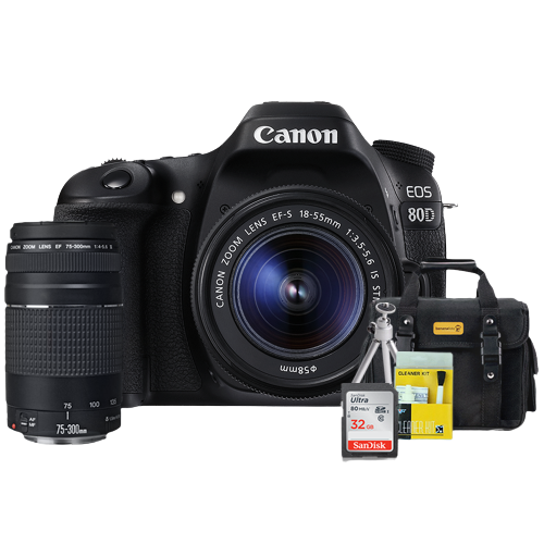 Canon 80D Kit Premium 18-55mm / 75-300mm + Bolsa + Cartão 32GB + Mini Tripé + Kit Limpeza