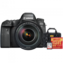 Canon 6D Mark II + Lente 24-105mm f/4L IS II USM + Bolsa + Cartão 32GB + Kit Bokeh