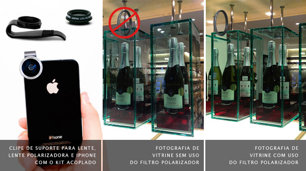 Exemplo de uso com e sem filtro Polarizador em vitrine